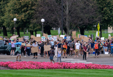 Students march at the Minnesota State Capitol on August 8, 2020.