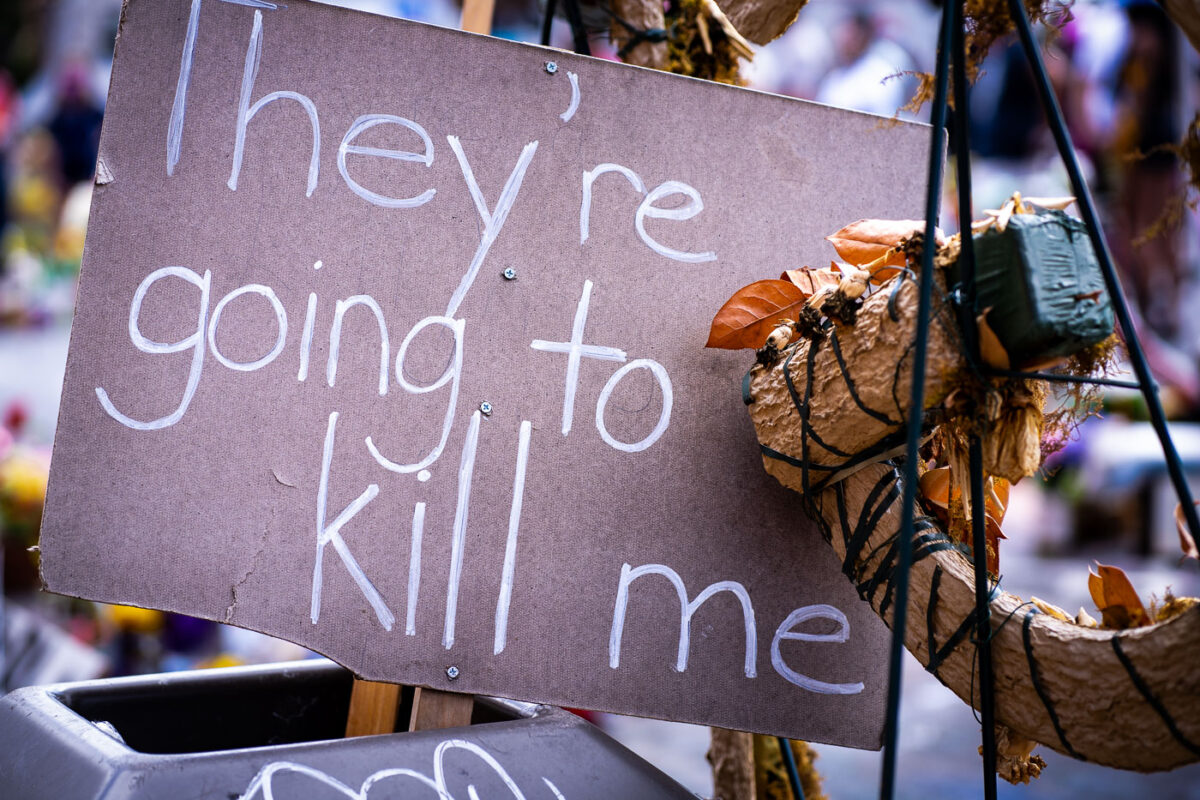 Protest sign seen at the George Floyd Memorial in South Minneapolis that reads “They’re going to kill me”.