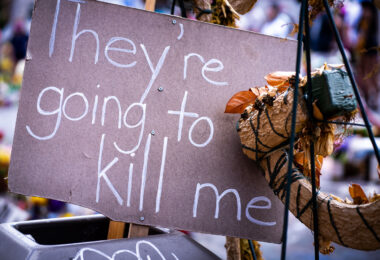 Protest sign seen at the George Floyd Memorial in South Minneapolis that reads “They’re going to kill me”.