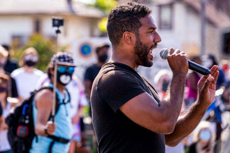 Toussaint Morrison speaks at George Floyd Square in August 2020 1 Toussaint Morrison speaks at George Floyd Square on the day President Trump was in Minneapolis.