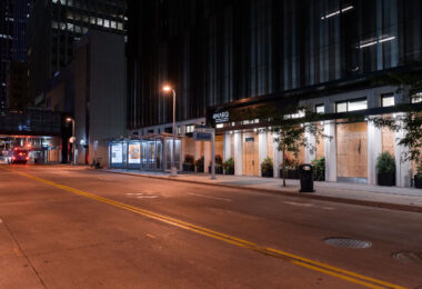 4Marq Apartments, located at 400 S Marquette Ave South in downtown Minneapolis. Boarded up after the death of George Floyd.