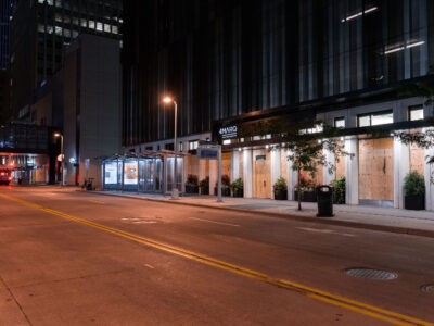 4Marq Apartments Boarded at Night, Downtown Minneapolis