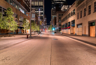 Nicollet Mall in Minneapolis with boards on September 29th, 2020. Target Corporation on the left and right.