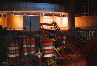 Barricades outside the Hennepin Count Public Safety Facility. The facility had been barricaded after protesters gathered asking for arrested protesters to be released.