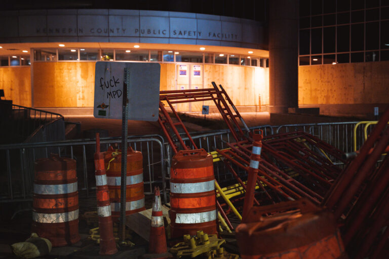 Hennepin County Public Safety Facility barricaded 2 Barricades outside the Hennepin Count Public Safety Facility. The facility had been barricaded after protesters gathered asking for arrested protesters to be released.