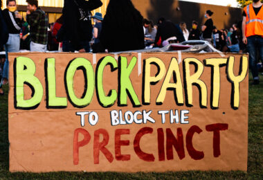 Protesters gather at a "Block Party to Block the Precinct" protest to bring awareness and block any potential lease for a new 3rd precinct. The 3rd precinct police station, located a mile away, was burned by protesters after the May 25th, 2020 death of George Floyd.