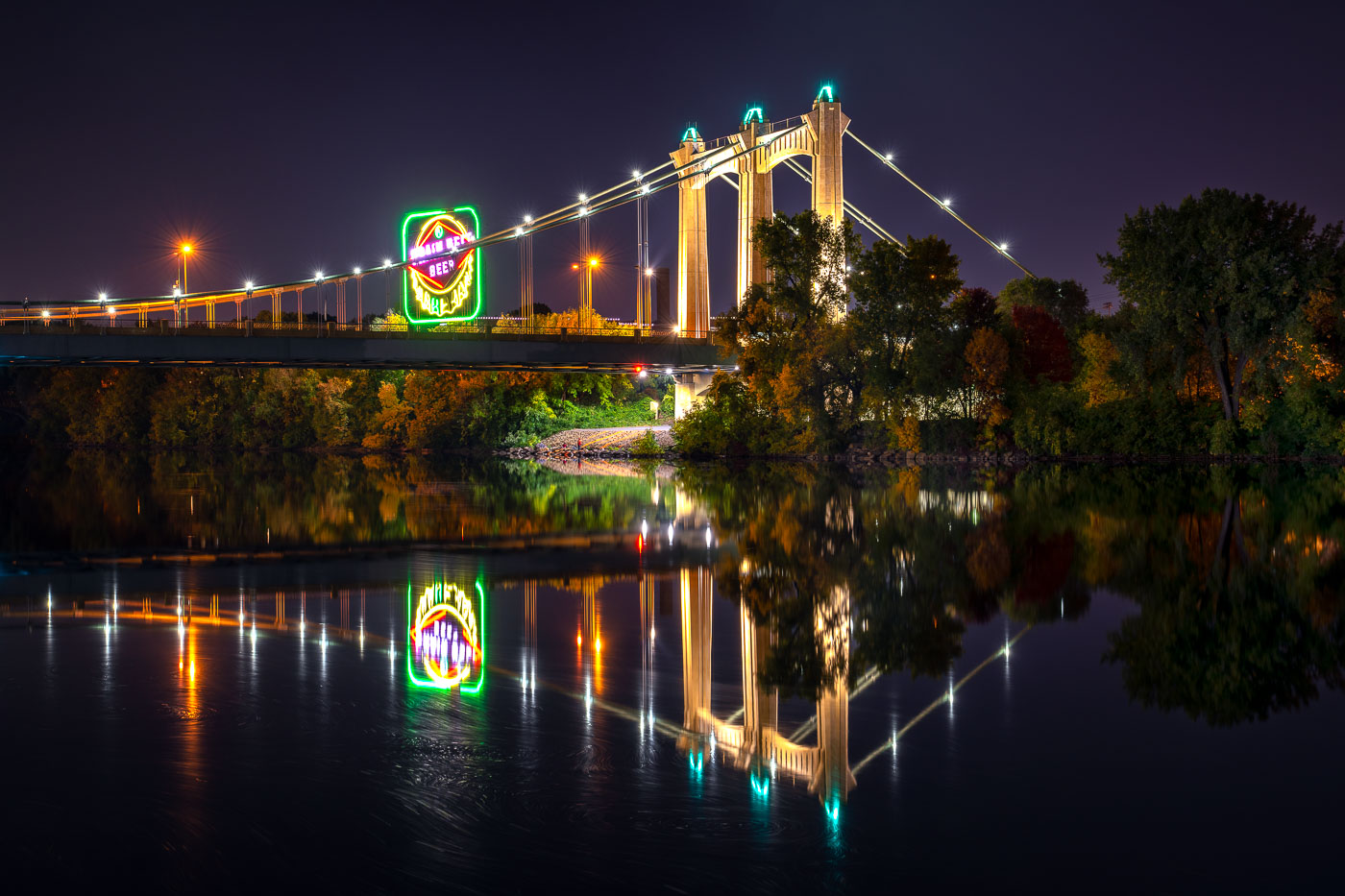 Hennepin Ave Bridge lit up at night