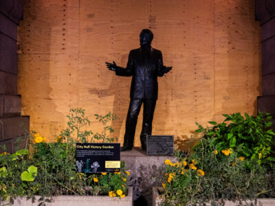 Hubert Humphrey Statue, Boarded City Hall Victory Garden