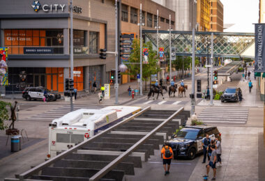 Minneapolis Police on foot, vehicle and on horses patrolling Nicollet Mall in Downtown Minneapolis.