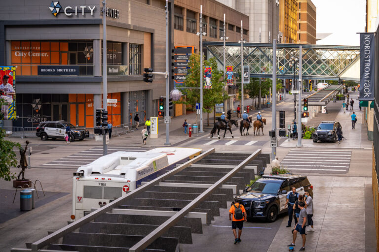 Nicollet Mall with Minneapolis police squads and horses 4 Minneapolis Police on foot, vehicle and on horses patrolling Nicollet Mall in Downtown Minneapolis.