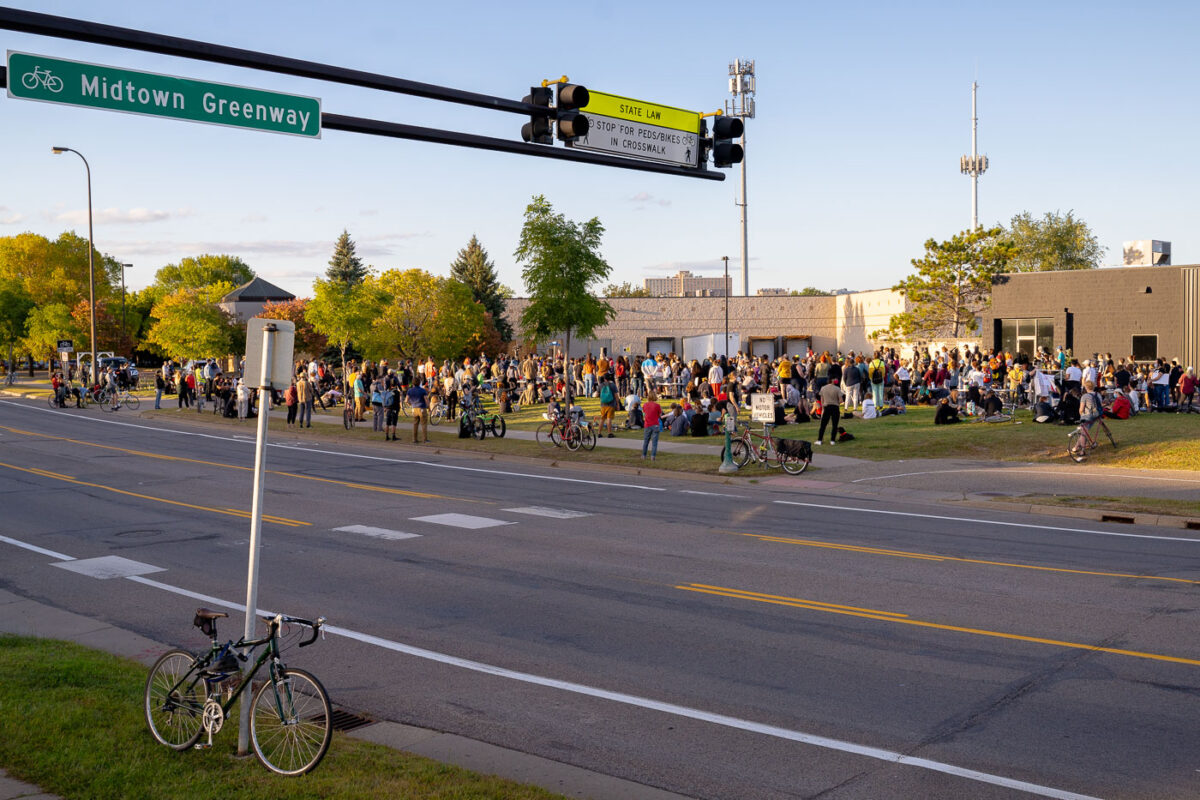 Protesters gather at a "Block Party to Block the Precinct" protest to bring awareness and block any potential lease for a new 3rd precinct. The 3rd precinct police station, located a mile away, was burned by protesters after the May 25th, 2020 death of George Floyd.