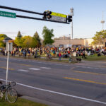 Protesters gather at a "Block Party to Block the Precinct" protest to bring awareness and block any potential lease for a new 3rd precinct. The 3rd precinct police station, located a mile away, was burned by protesters after the May 25th, 2020 death of George Floyd.