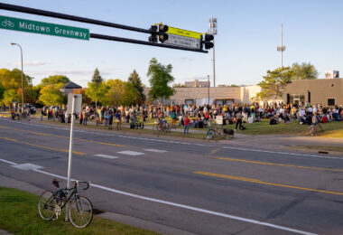 Protesters gather at a "Block Party to Block the Precinct" protest to bring awareness and block any potential lease for a new 3rd precinct. The 3rd precinct police station, located a mile away, was burned by protesters after the May 25th, 2020 death of George Floyd.