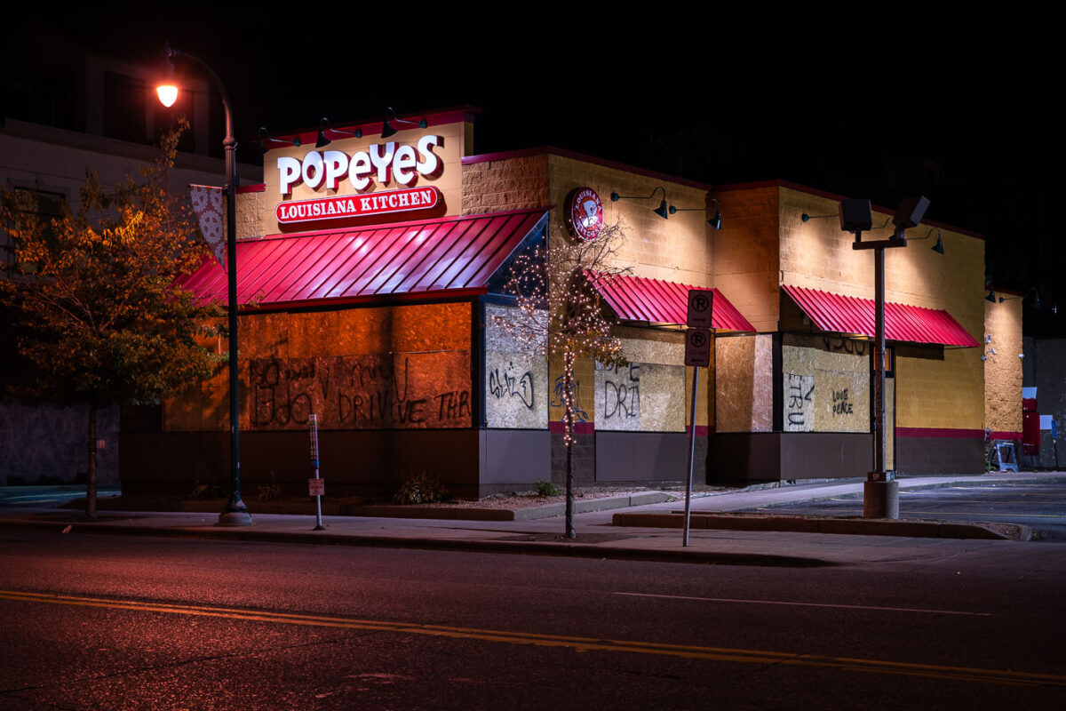 A Popeyes Chicken on Lake Street boarded up following the May 25th, 2020 death of George Floyd.