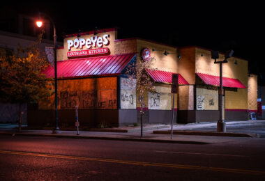 A Popeyes Chicken on Lake Street boarded up following the May 25th, 2020 death of George Floyd.