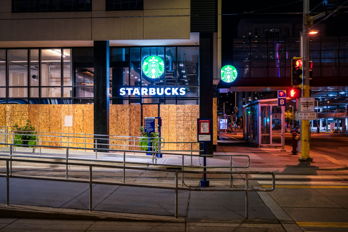 Starbucks located at 450 S Marquette Ave. in Downtown Minneapolis after it was boarded up following the murder of George Floyd.