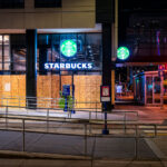 Starbucks located at 450 S Marquette Ave. in Downtown Minneapolis after it was boarded up following the murder of George Floyd.
