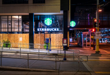 Starbucks located at 450 S Marquette Ave. in Downtown Minneapolis after it was boarded up following the murder of George Floyd.