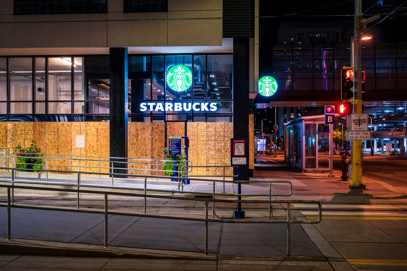 Starbucks boarded up near light rail station