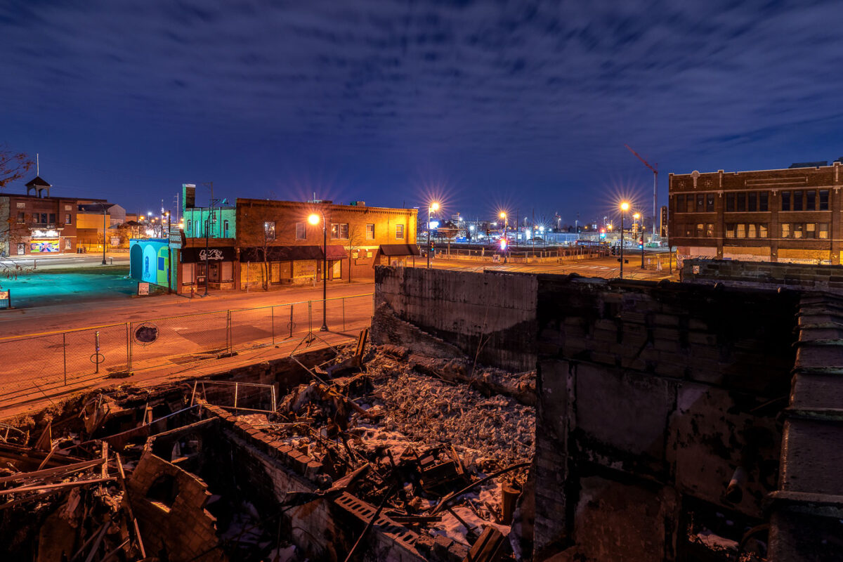 A unrest damaged building that housed restaurants near the Minneapolis Police Third Precinct.