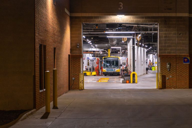 Metro Transit buses parked inside the Nicollet Avenue garage facility in South Minneapolis.