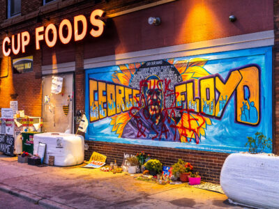 George Floyd mural with graffiti at Cup Foods, Minneapolis