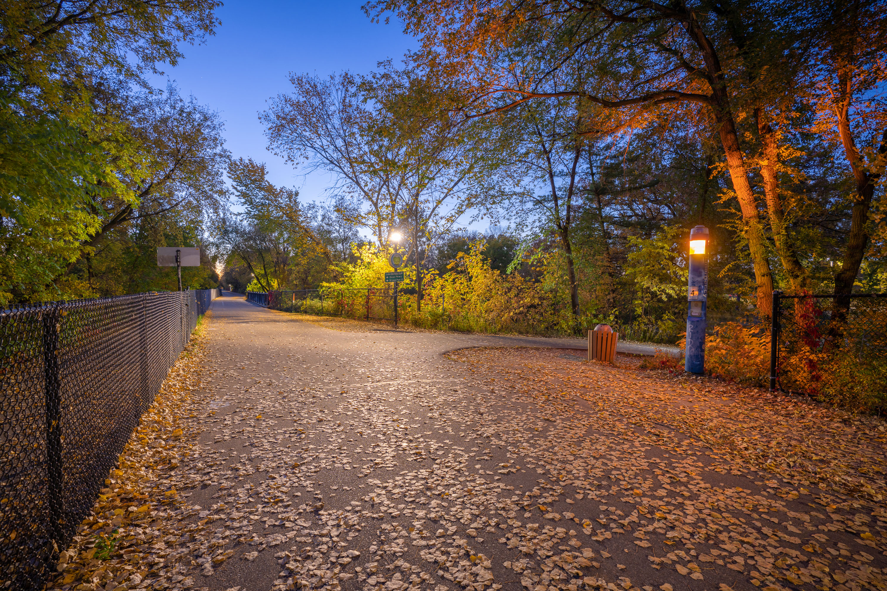 Illuminated path through the Midtown Greenway in Minneapolis lined with autumn trees at dusk.