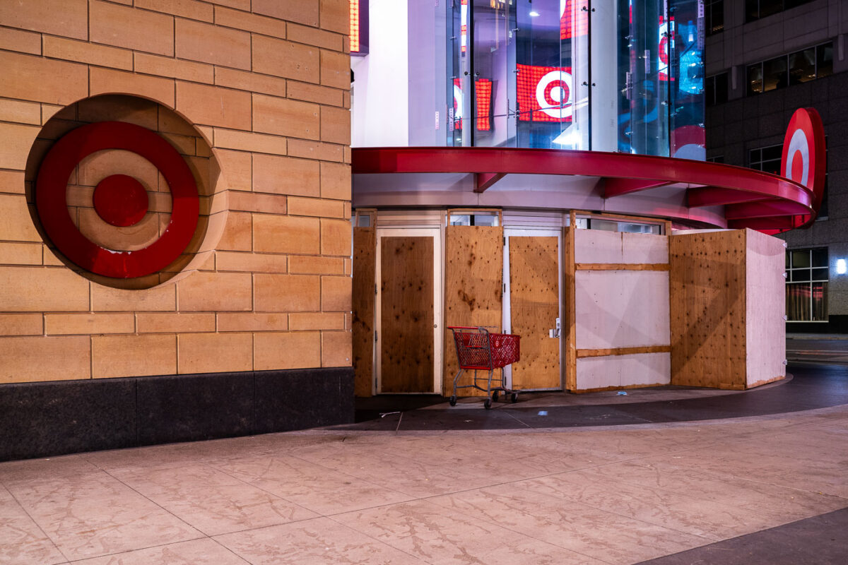 The Flagship Target Store in downtown Minneapolis. Located on Nicollet Mall., Boarded up due to COVID-19 and unrest related to the death of George Floyd.