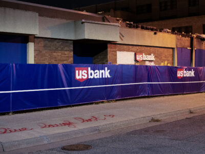 "Live Laugh Loot" Graffiti on Damaged US Bank, Lake Street