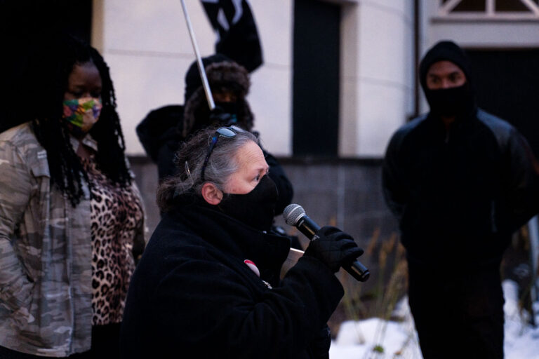 Michelle Gross speaks at Minneapolis Police station 2 Michelle Gross, founder of Communities United Against Police Brutality, speaks to those gathered at the Minneapolis Fourth Precinct. Protesters were gathered for the 25th National Day of Protest to Stop Police Brutality, Repression and the Criminalization of a Generation.