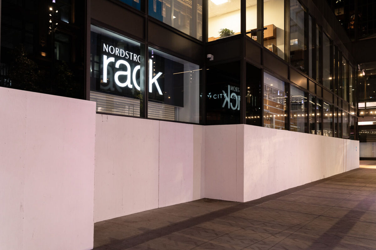 Nordstrom Rack store in the IDS Center in downtown Minneapolis. The store was boarded after unrest and looting that took place in August 2020. The boards were recently been painted white.