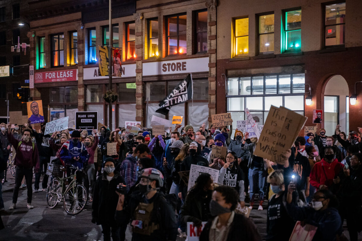 Protesters march through Downtown Minneapolis the day after Derek Chauvin is released on bail.