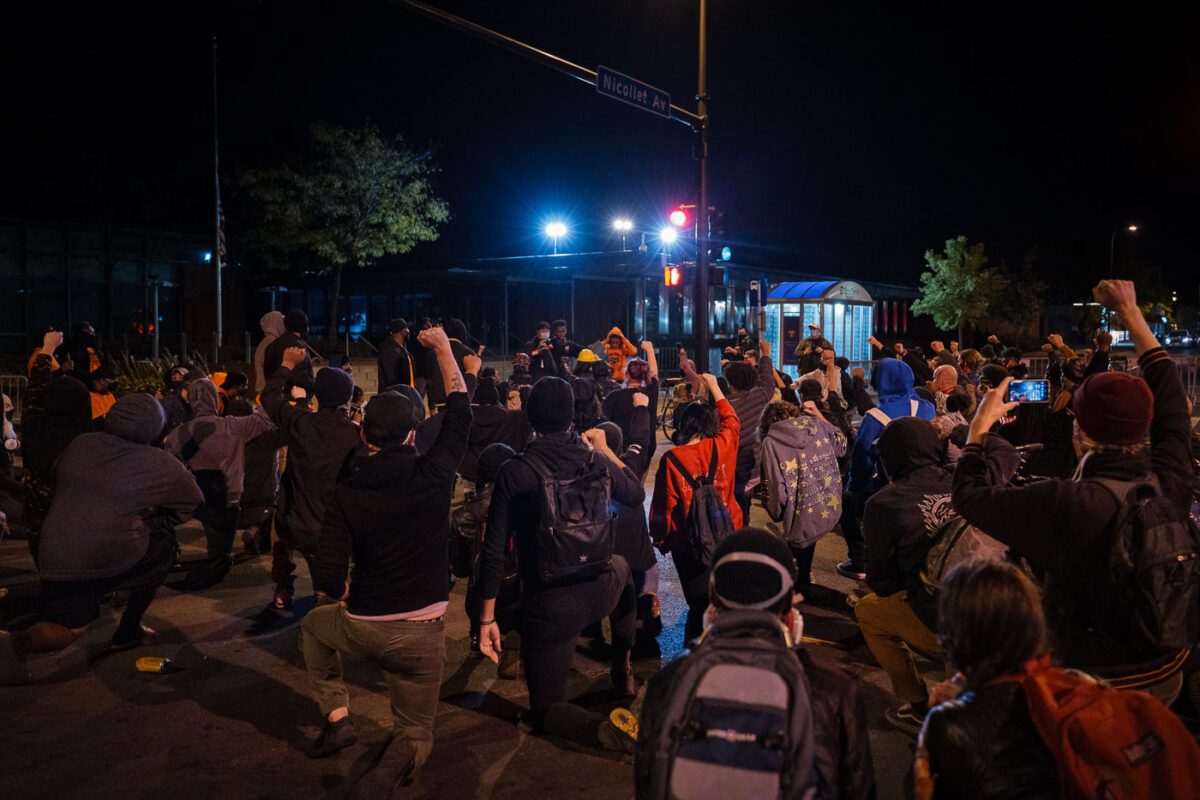 Protesters at the 5th precinct following the pre-trial release of Derek Chauvin on bond. Derek Chauvin has been charged in the May 25th death of George Floyd.