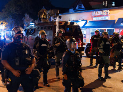 Officers in riot gear after Derek Chauvin makes bail