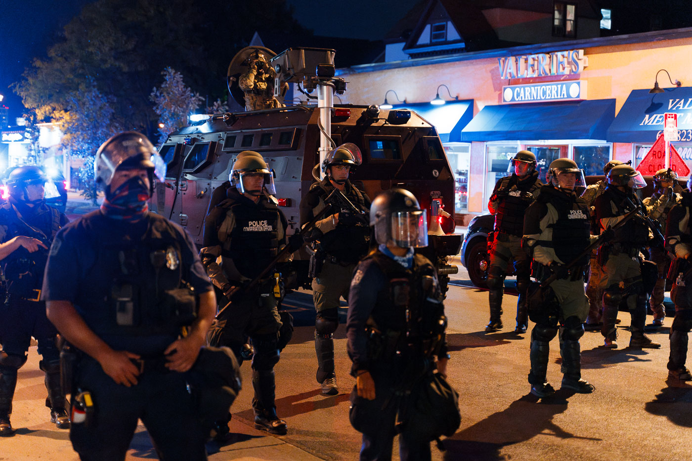 Riot police outside the 5h precinct