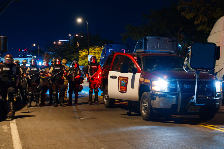 State Patrol officers outside the 5th precinct 1 Minnesota State Patrol arrive to arrest protesters gathering at the Minneapolis Police 5th precinct after Derek Chauvin was released on bail.