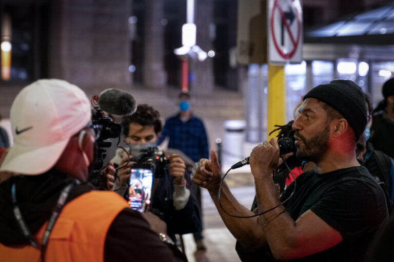 Toussaint Morrison speaks at Minneapolis protest after Chauvin release 2 Toussaint Morrison speaks outside of Minneapolis City Hall