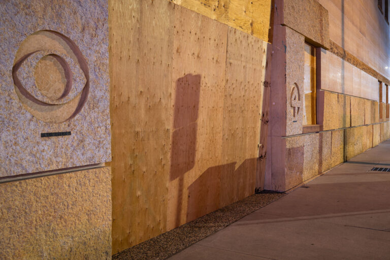 WCCO TV boarded up in Downtown Minneapolis 2 The WCCO-TV building boarded up on Nicollet Mall in downtown Minneapolis.