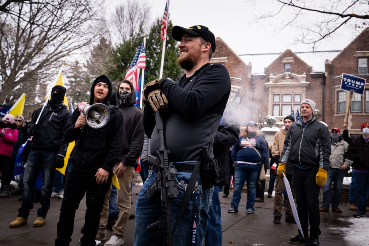 Armed “Proud Boys” at a “Stop The Steal” rally outside the Minnesota Governor’s mansion in St. Paul, Minnesota on November 14, 2020.