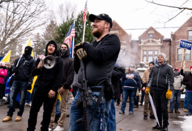 Armed “Proud Boys” at a “Stop The Steal” rally outside the Minnesota Governor’s mansion in St. Paul, Minnesota on November 14, 2020.