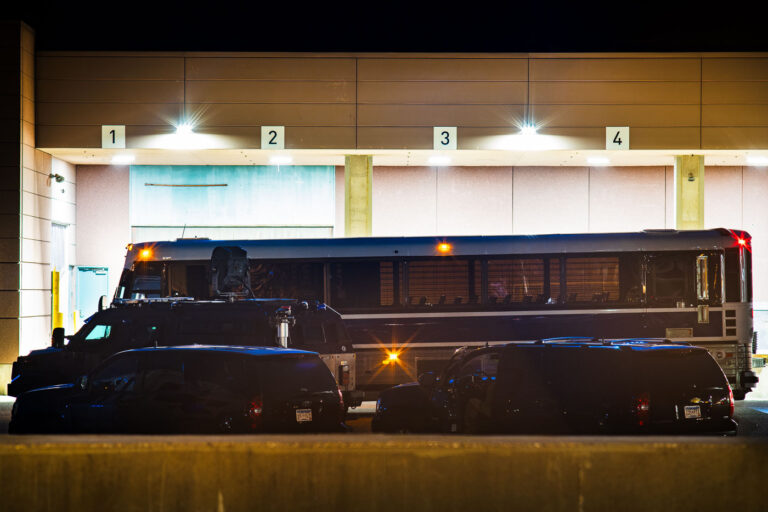 MN State Patrol LRAD & Arrest Buses, Minneapolis Convention Center 1 Minnesota State Patrol vehicles, including an LRAD (Long Range Acoustic Device) unit and buses, are parked at the Minneapolis Convention Center. The Convention Center served as a temporary operational base for the Minneapolis Police Third Precinct after its original building was burned in May 2020, following the murder of George Floyd. These specialized vehicles are typically deployed for crowd management and potential arrests during large public protests. Their presence reflects the heightened security posture in downtown Minneapolis during periods of civil unrest.