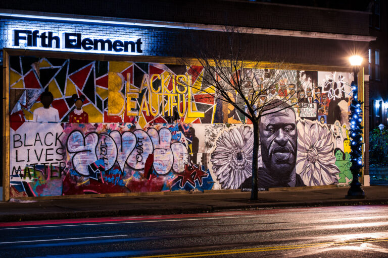 Fifth Element George Floyd Boards 3 Boards over the windows of Fifth Element on Hennepin Ave.