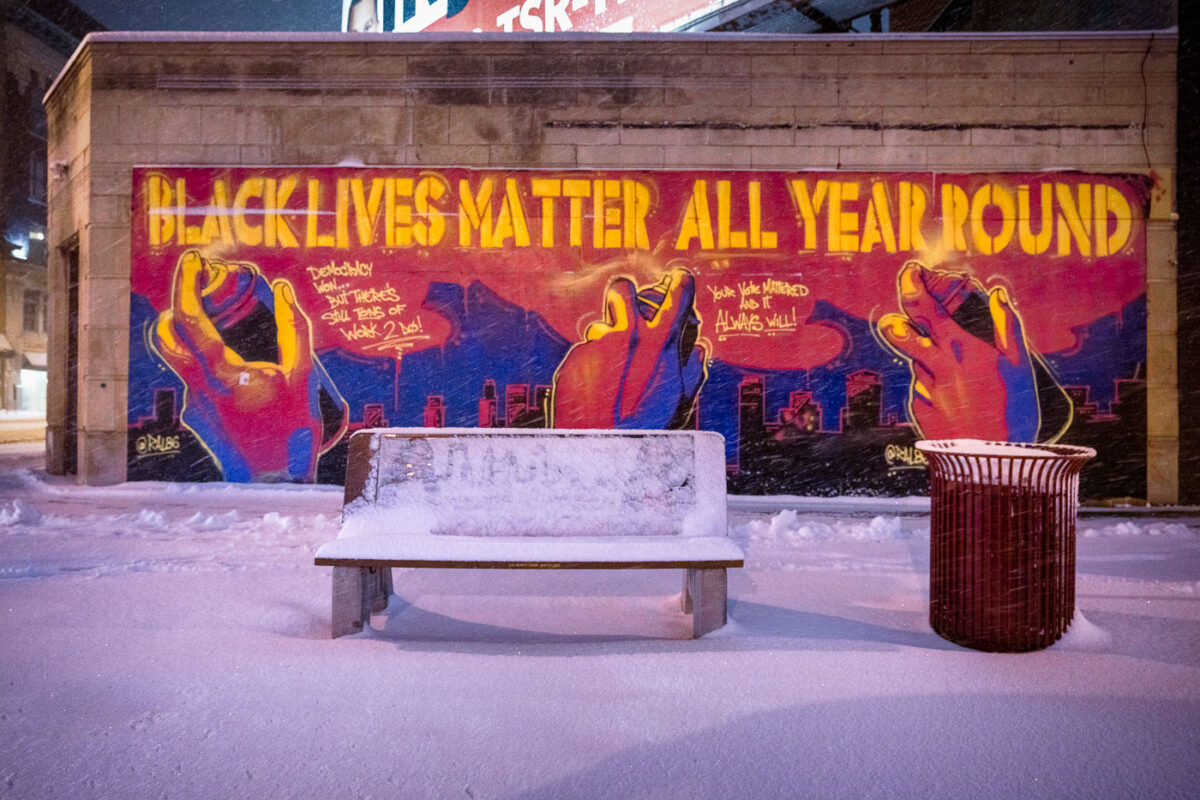 A Black Lives Matter mural on Lyndale Ave in Uptown Minneapolis after snowfall.