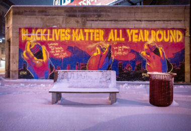 A Black Lives Matter mural on Lyndale Ave in Uptown Minneapolis after snowfall.