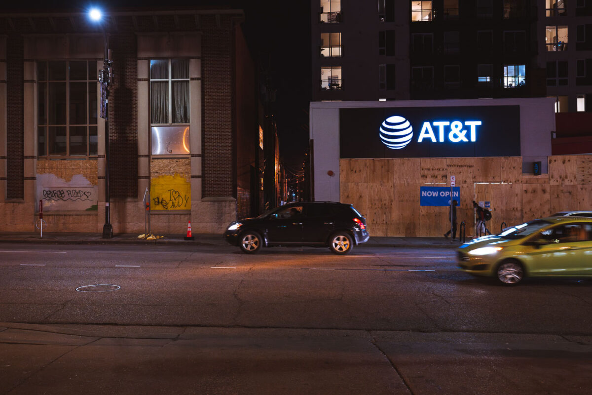 Boards over AT&T store on Lake Street in Uptown Minneapolis on November 3, 2020.