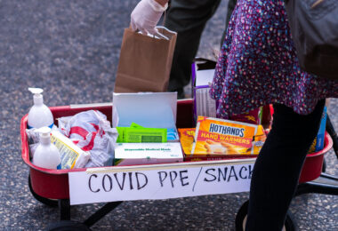 A protester with a wagon full of PPE for other protesters during a march shortly after Biden was announced the winner of the 2020 Presidential Election.