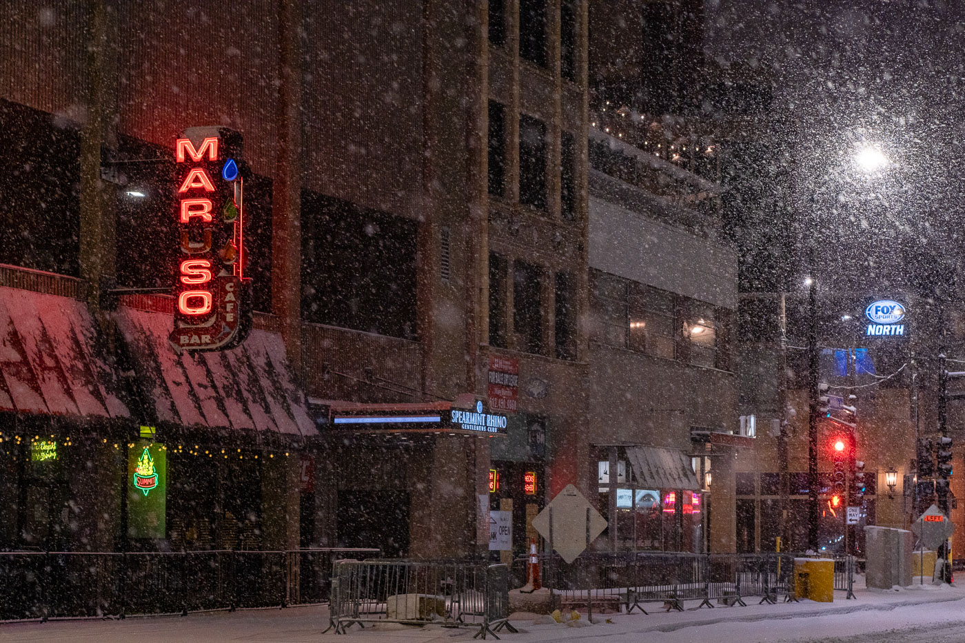 Maruso bar in Downtown Minneapolis during snowfall