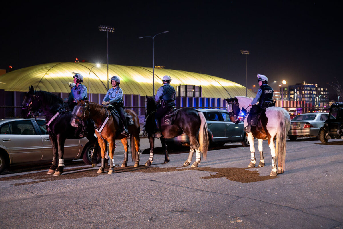 Minneapolis Police on horses while arrested 646 in Minneapolis following a march down Interstate 94 the day after election day.