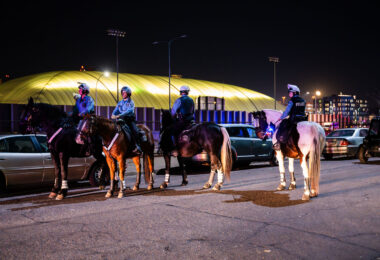 Minneapolis Police on horses while arrested 646 in Minneapolis following a march down Interstate 94 the day after election day.
