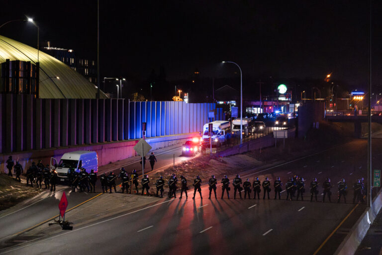 Minnesota State Patrol and protesters on I-94 2 Minnesota State Patrol form a line across Interstate 94 in Minneapolis prior to arrest 646 who had been marching on the night after the election down the freeway.